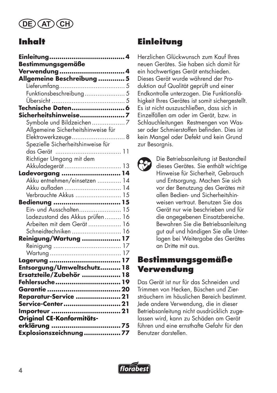 Inhalt, Einleitung, Bestimmungsgemäße verwendung | De at ch | Florabest FAH 18 C3 User Manual | Page 4 / 78