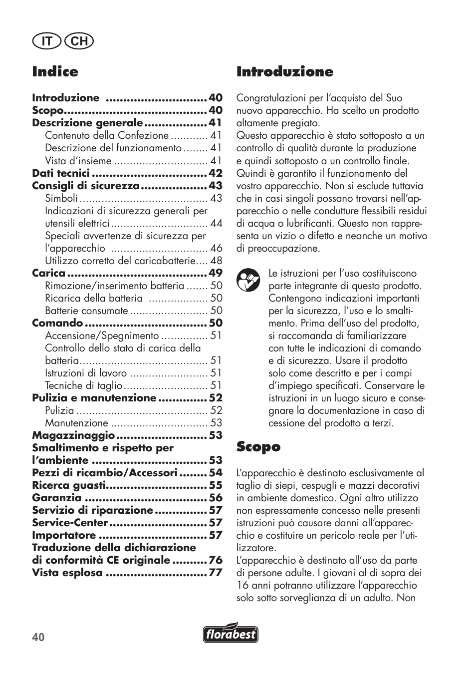 Introduzione, Scopo, Indice | It ch | Florabest FAH 18 C3 User Manual | Page 40 / 78