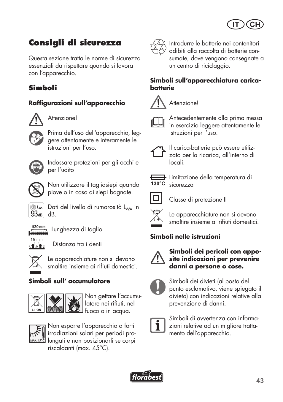 Consigli di sicurezza, It ch | Florabest FAH 18 C3 User Manual | Page 43 / 78