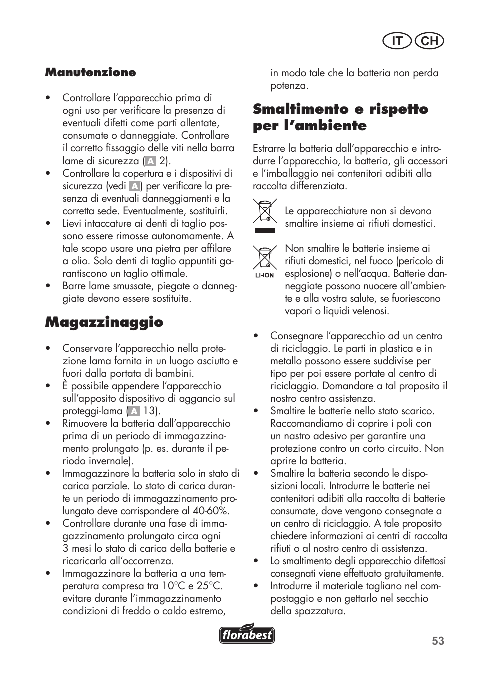 Magazzinaggio, Smaltimento e rispetto per l’ambiente, It ch | Florabest FAH 18 C3 User Manual | Page 53 / 78