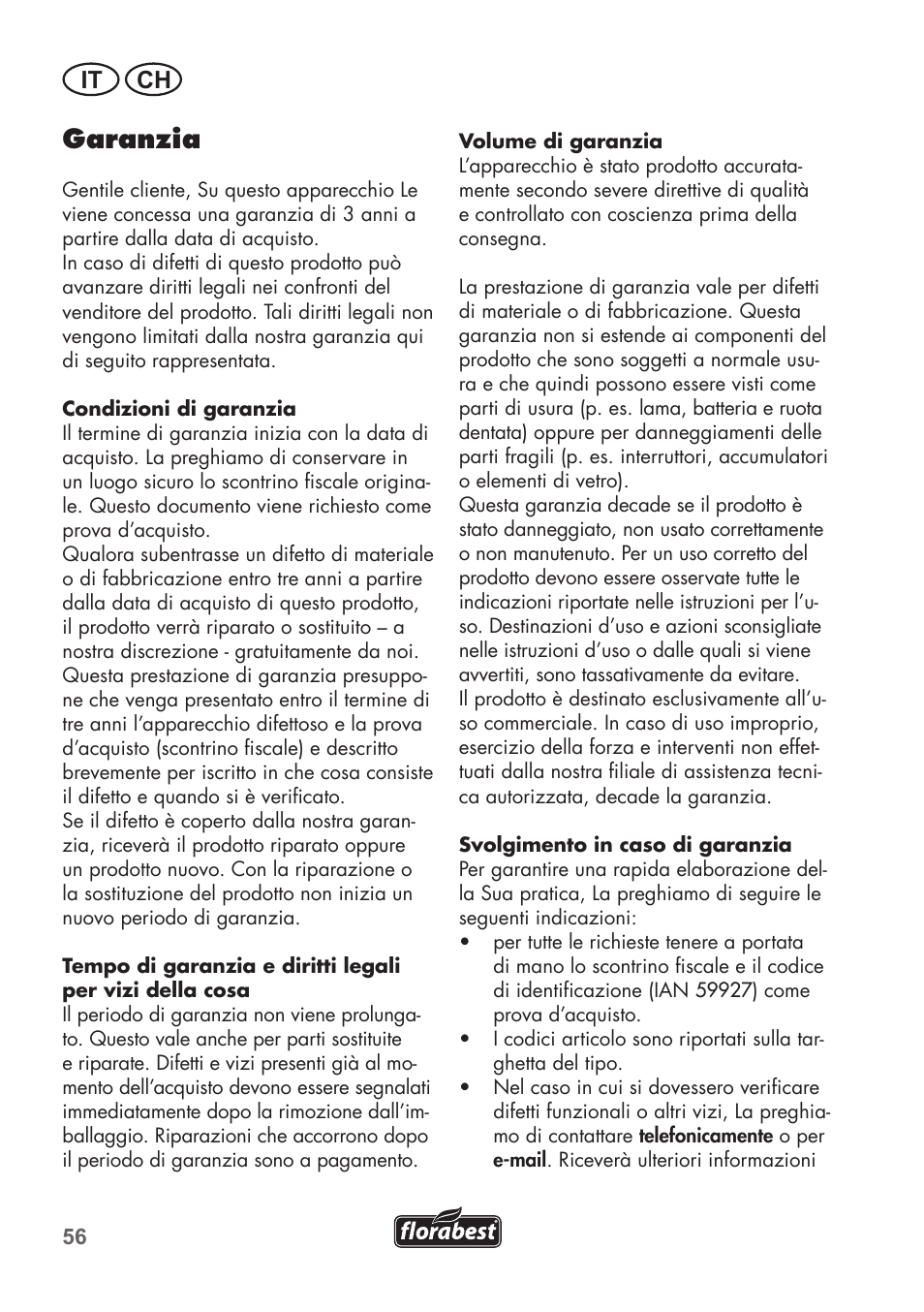 Garanzia, It ch | Florabest FAH 18 C3 User Manual | Page 56 / 78