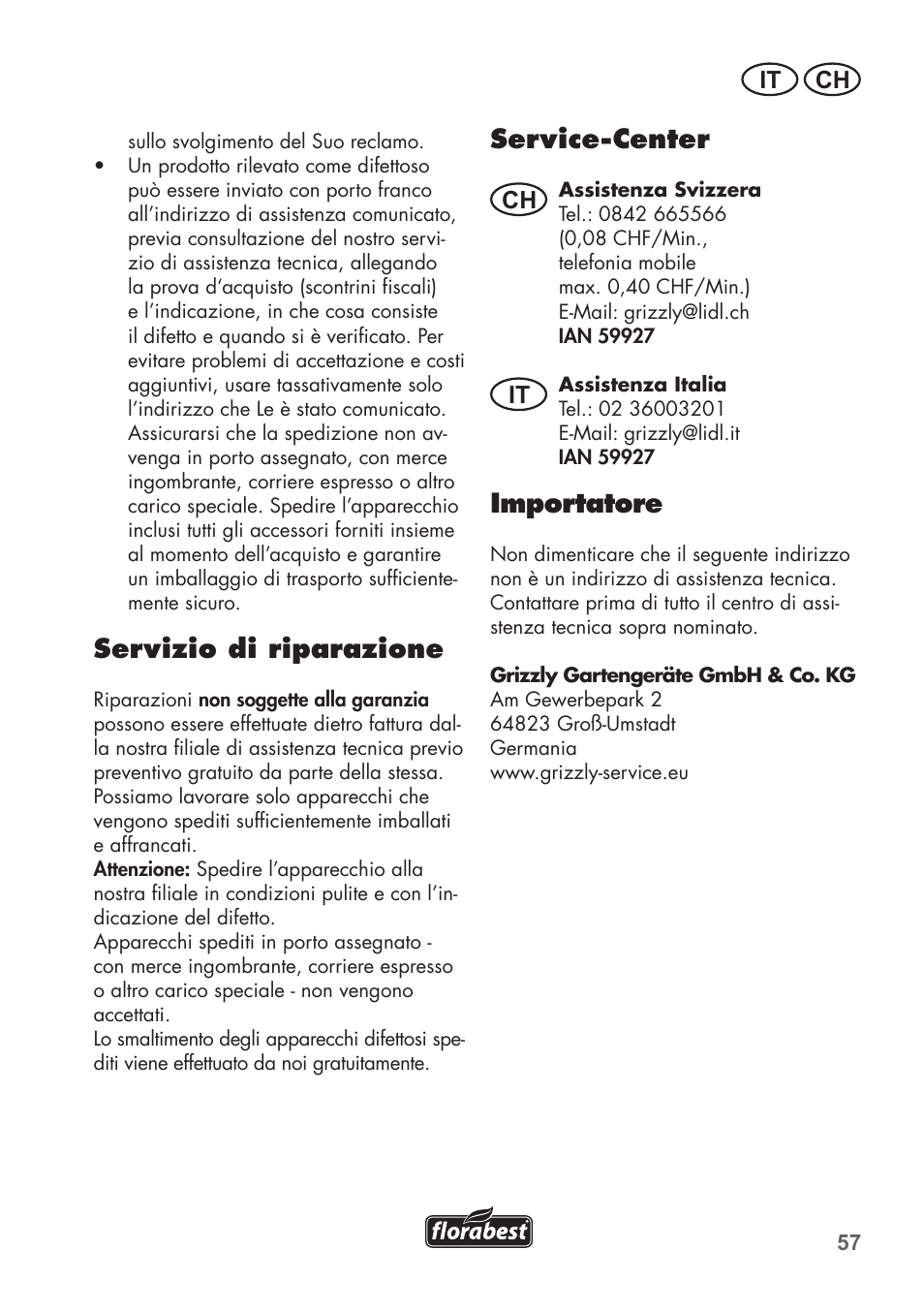 Servizio di riparazione, Service-center, Importatore | It ch, Ch it | Florabest FAH 18 C3 User Manual | Page 57 / 78