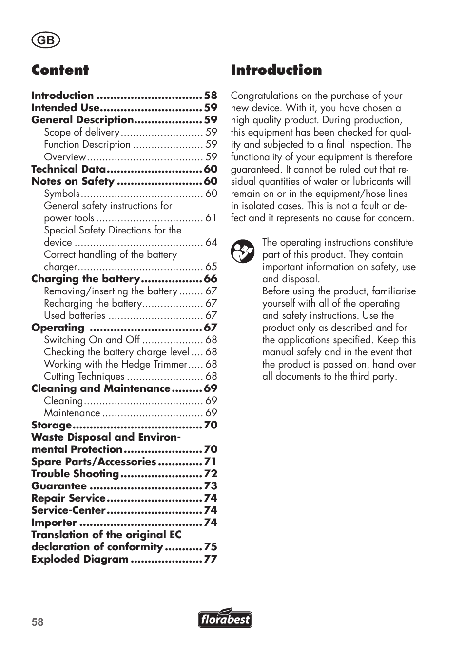 Content, Introduction | Florabest FAH 18 C3 User Manual | Page 58 / 78