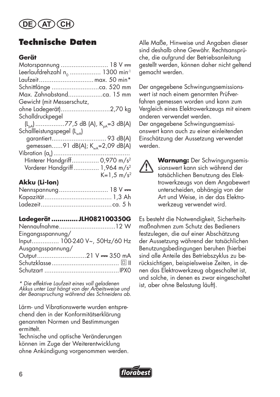 Technische daten, De at ch | Florabest FAH 18 C3 User Manual | Page 6 / 78