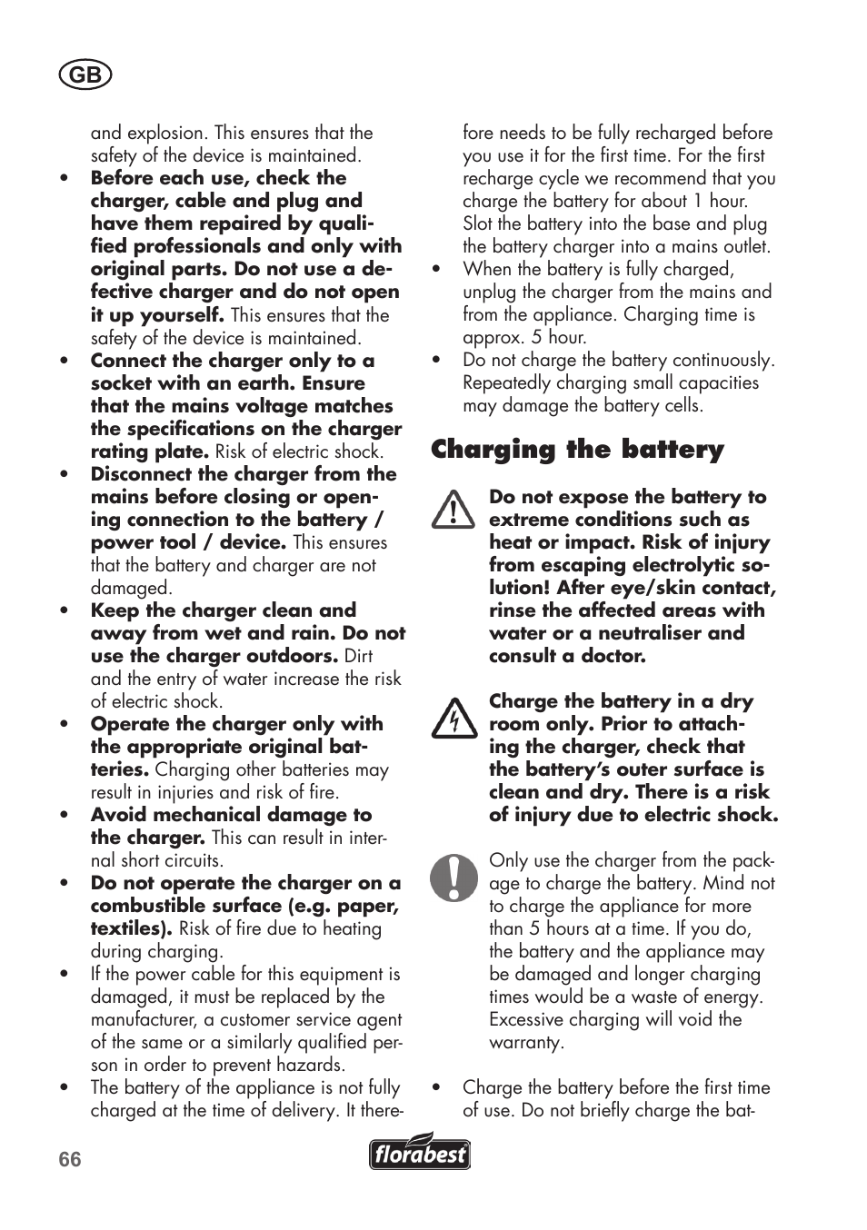 Charging the battery | Florabest FAH 18 C3 User Manual | Page 66 / 78