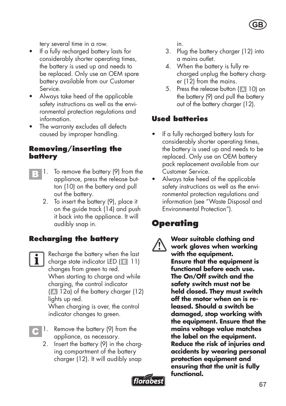 Operating | Florabest FAH 18 C3 User Manual | Page 67 / 78