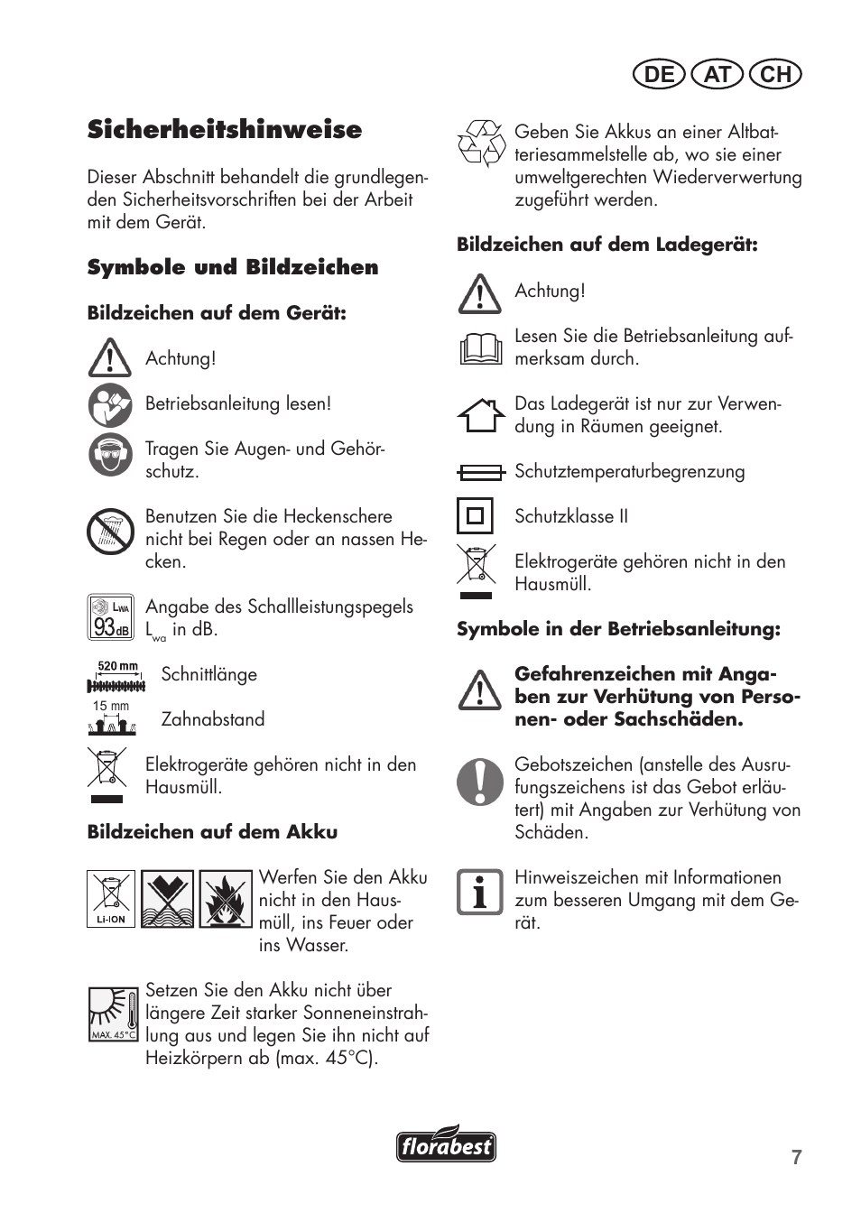 Sicherheitshinweise, De at ch | Florabest FAH 18 C3 User Manual | Page 7 / 78