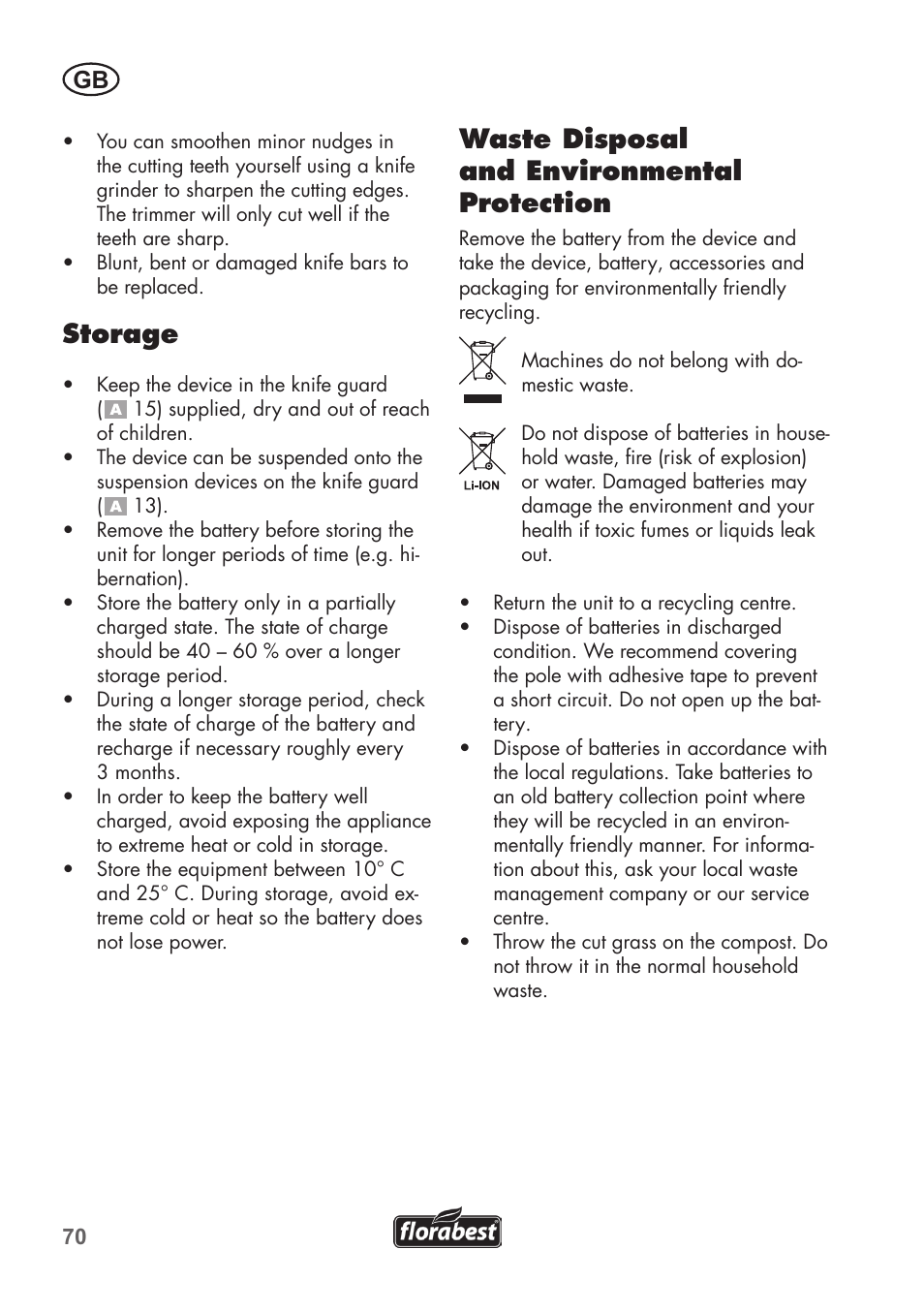 Storage, Waste disposal and environmental protection | Florabest FAH 18 C3 User Manual | Page 70 / 78