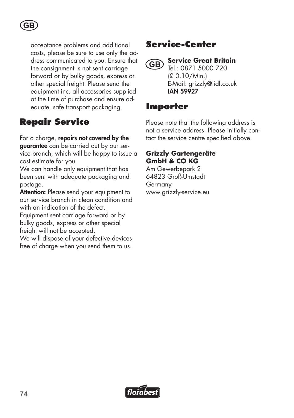 Service-center, Importer, Repair service | Florabest FAH 18 C3 User Manual | Page 74 / 78