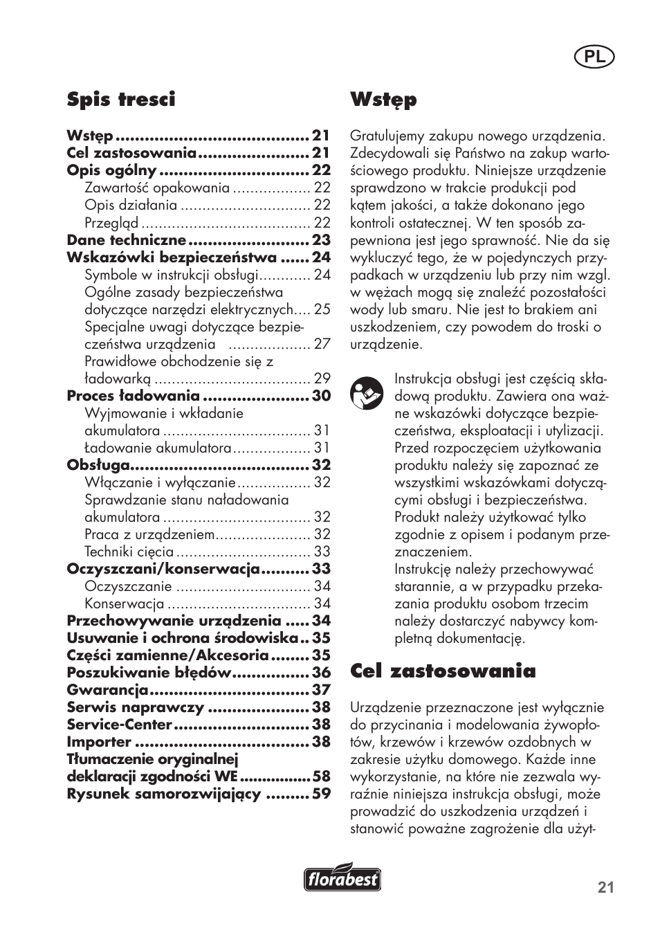 Spis tresci, Wstęp, Cel zastosowania | Florabest FAH 18 C3 User Manual | Page 21 / 62