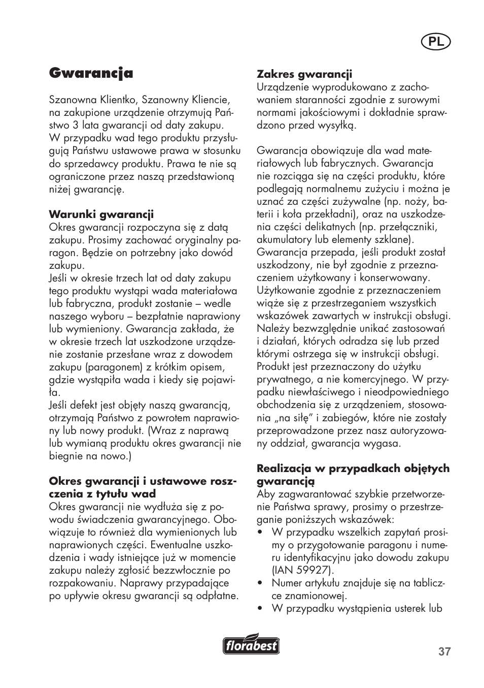 Gwarancja | Florabest FAH 18 C3 User Manual | Page 37 / 62