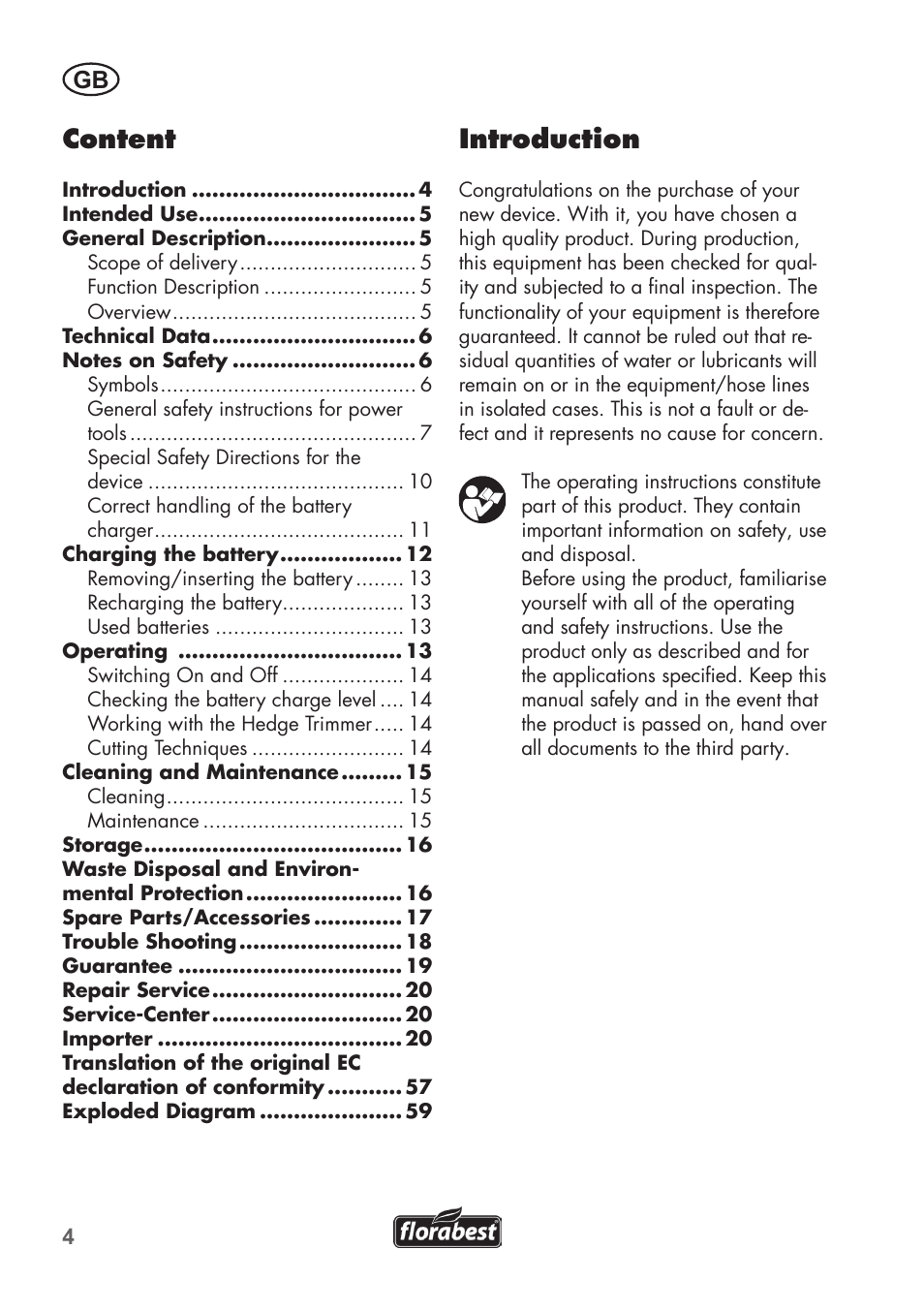 Content, Introduction | Florabest FAH 18 C3 User Manual | Page 4 / 62