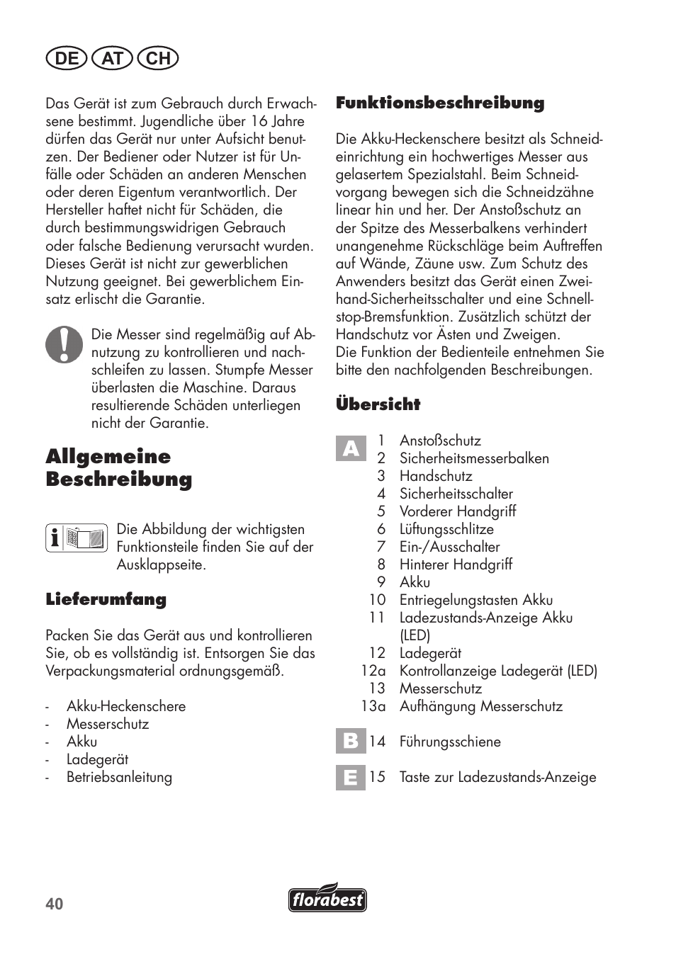 Allgemeine beschreibung, De at ch | Florabest FAH 18 C3 User Manual | Page 40 / 62
