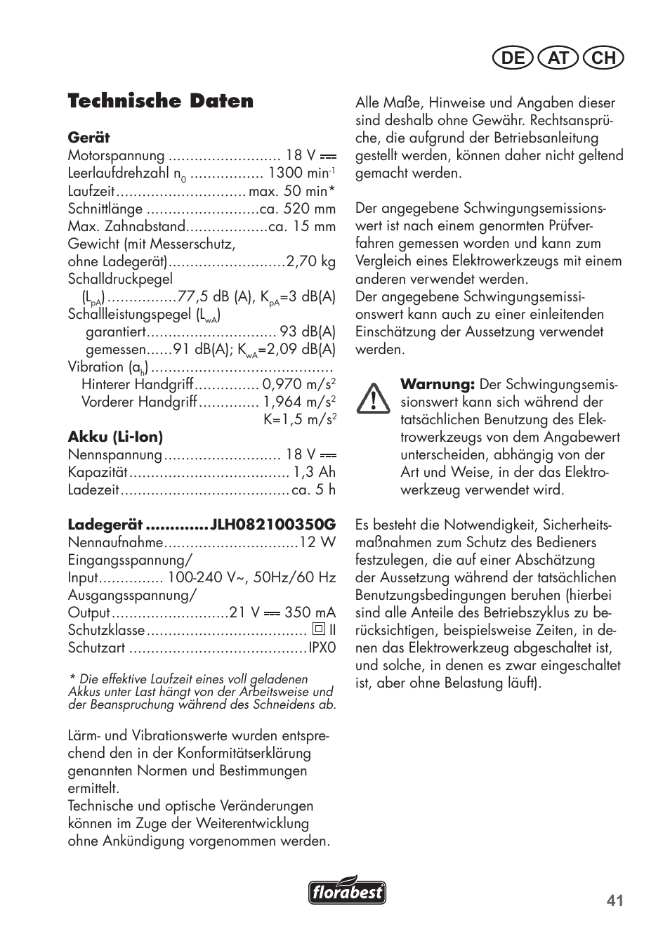 Technische daten, De at ch | Florabest FAH 18 C3 User Manual | Page 41 / 62