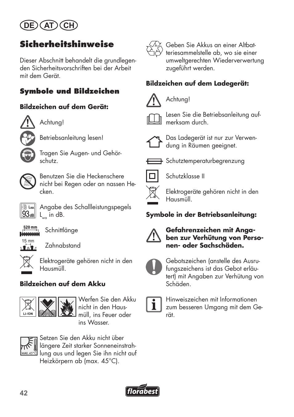 Sicherheitshinweise, De at ch | Florabest FAH 18 C3 User Manual | Page 42 / 62