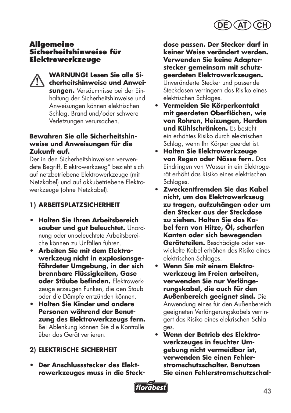 De at ch | Florabest FAH 18 C3 User Manual | Page 43 / 62