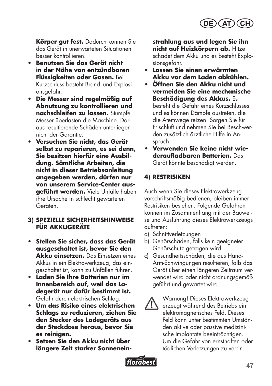 De at ch | Florabest FAH 18 C3 User Manual | Page 47 / 62