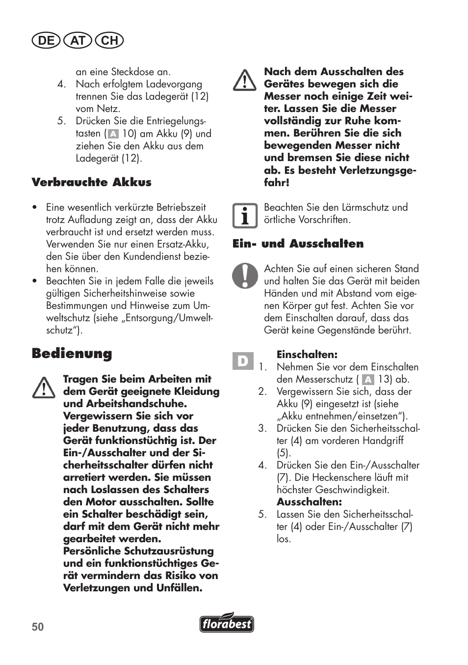Bedienung, De at ch | Florabest FAH 18 C3 User Manual | Page 50 / 62