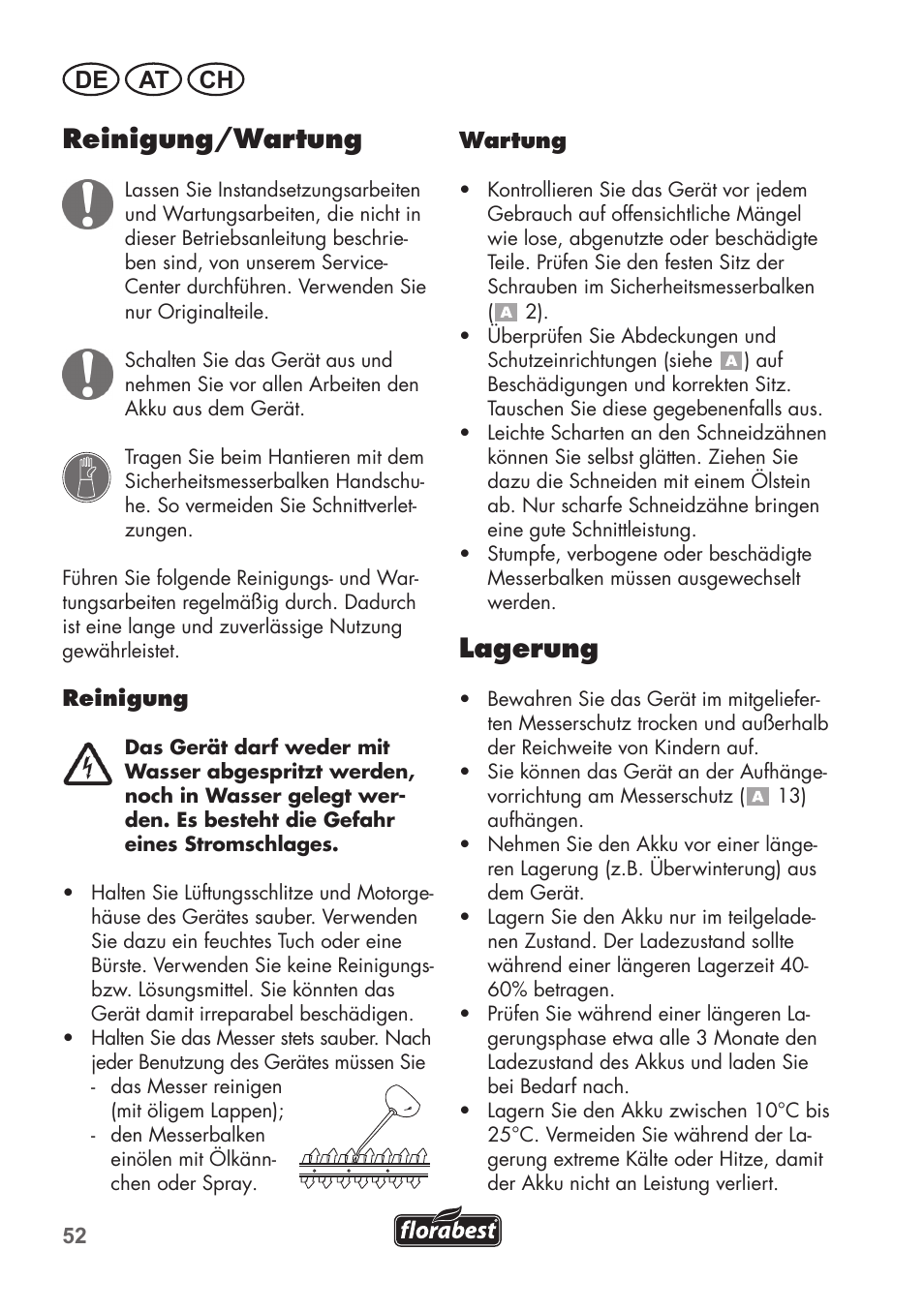 Reinigung/wartung, Lagerung, De at ch | Florabest FAH 18 C3 User Manual | Page 52 / 62