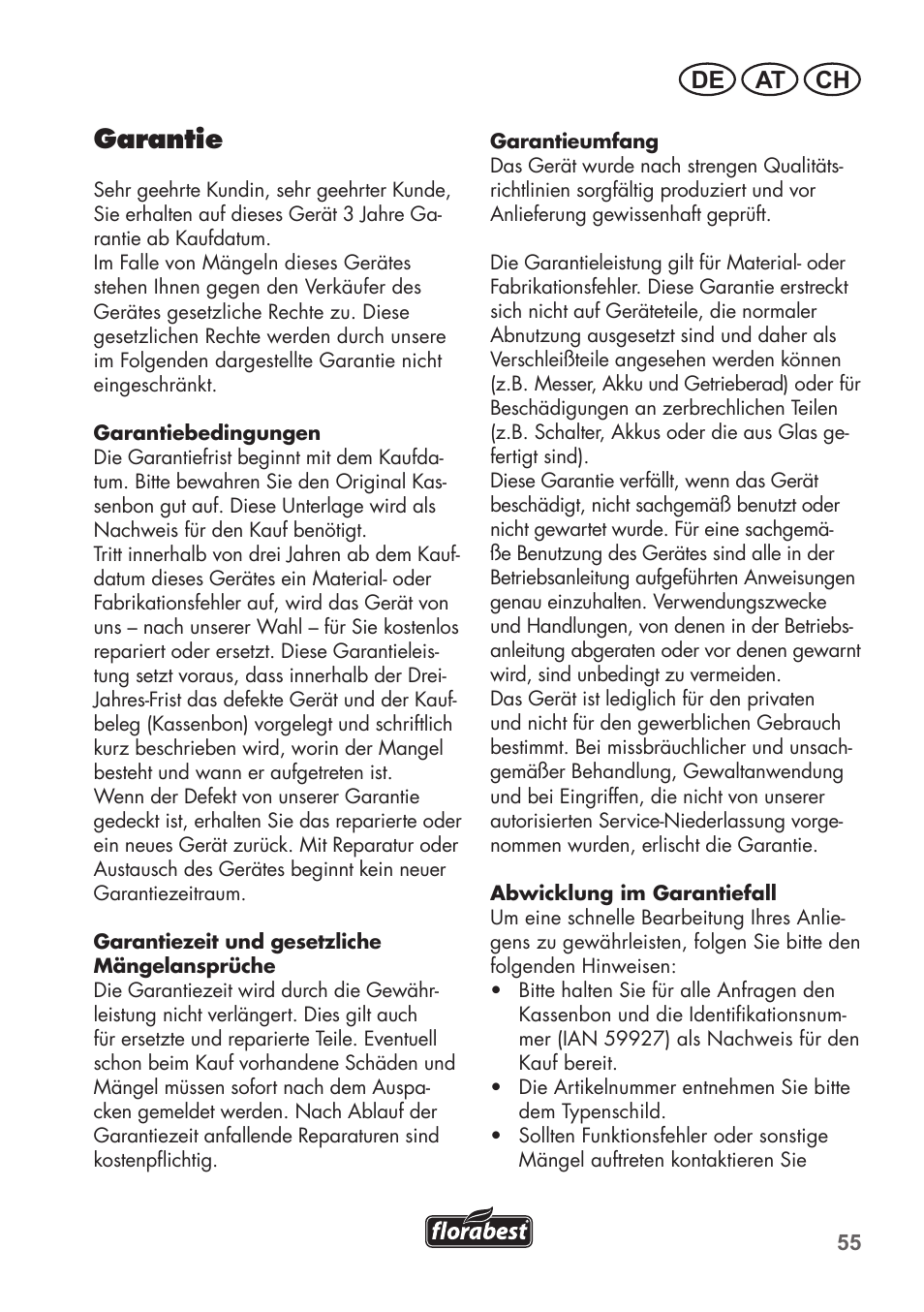 Garantie, De at ch | Florabest FAH 18 C3 User Manual | Page 55 / 62