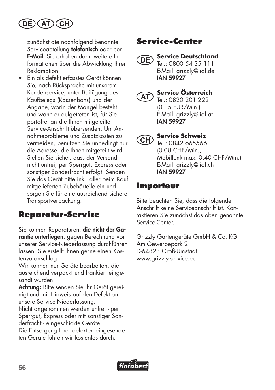 Reparatur-service, Service-center, Importeur | De at ch | Florabest FAH 18 C3 User Manual | Page 56 / 62