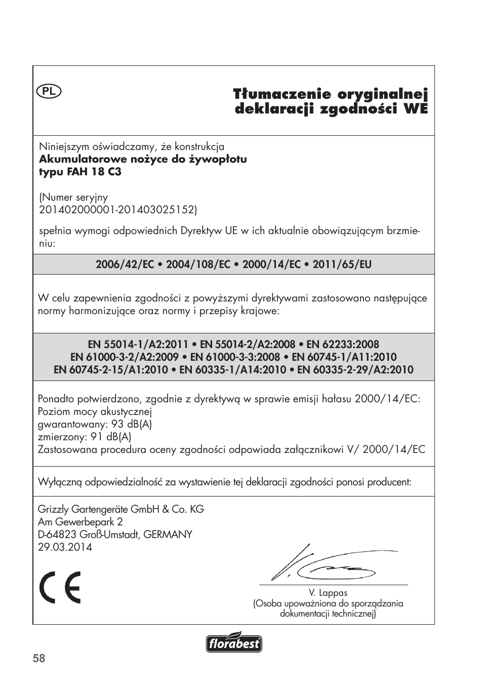 Tłumaczenie oryginalnej deklaracji zgodności we | Florabest FAH 18 C3 User Manual | Page 58 / 62