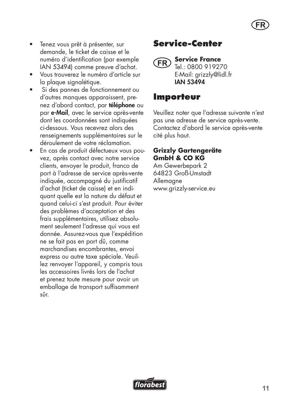 Service-center, Importeur | Florabest FHM 38 A1 User Manual | Page 11 / 30