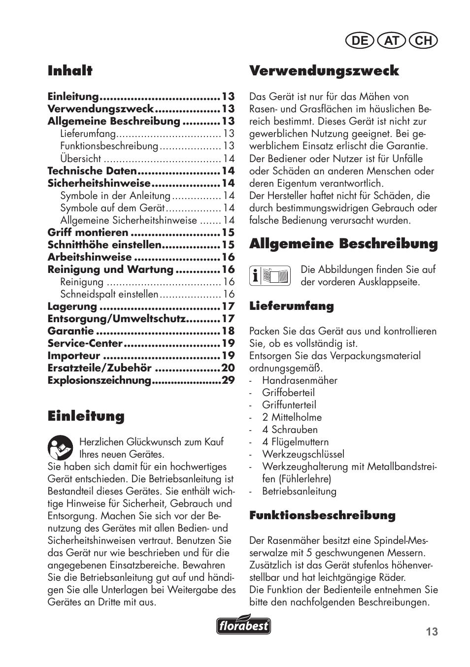 Inhalt, Einleitung, Verwendungszweck | Allgemeine beschreibung, De at ch | Florabest FHM 38 A1 User Manual | Page 13 / 30