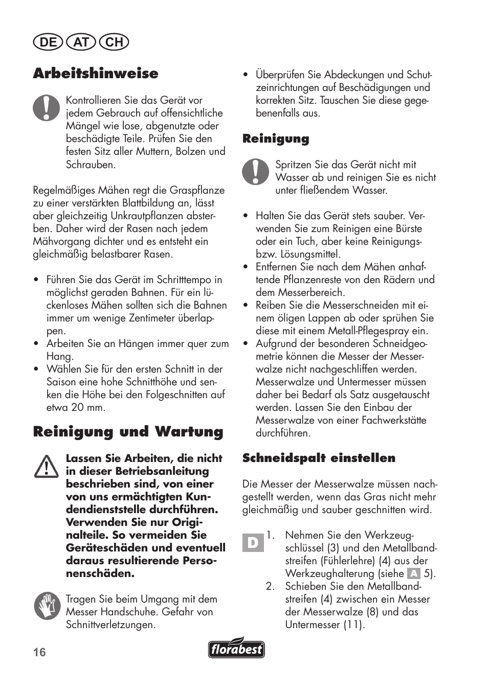 Arbeitshinweise, Reinigung und wartung, De at ch | Florabest FHM 38 A1 User Manual | Page 16 / 30