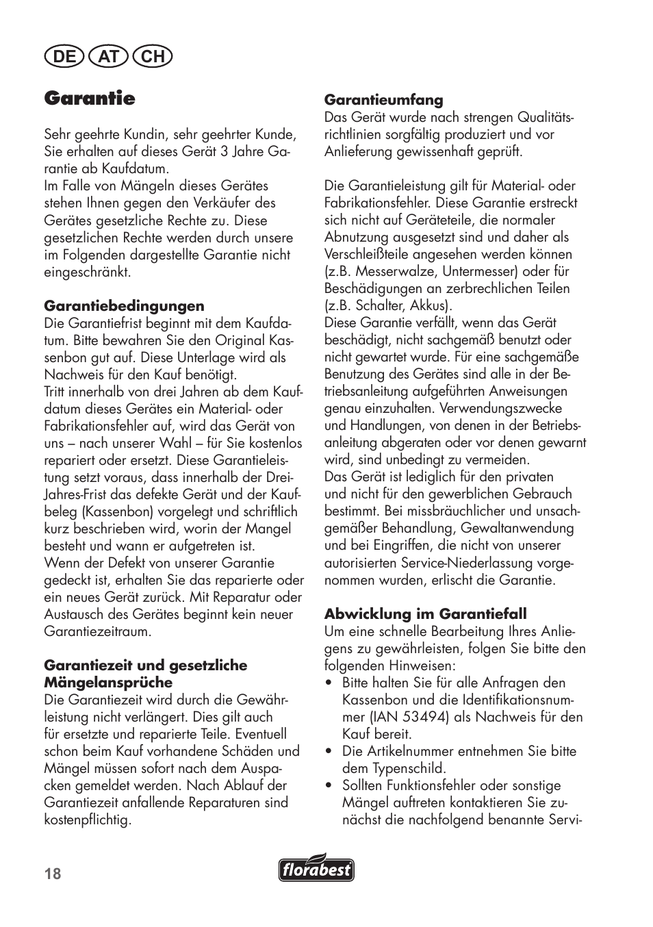 Garantie, De at ch | Florabest FHM 38 A1 User Manual | Page 18 / 30