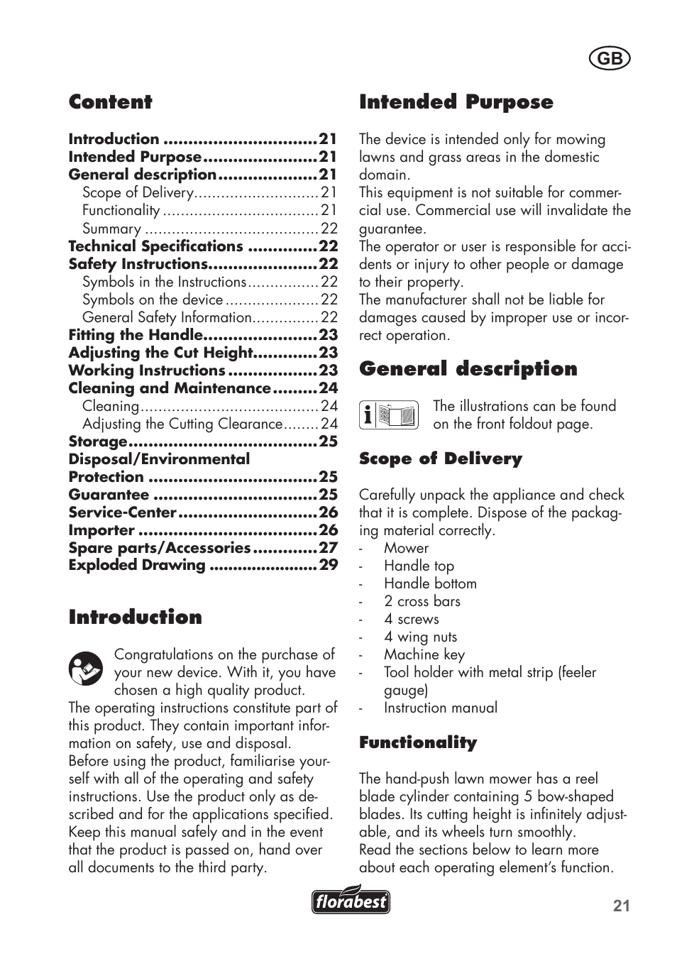 Intended purpose, General description, Content | Introduction | Florabest FHM 38 A1 User Manual | Page 21 / 30