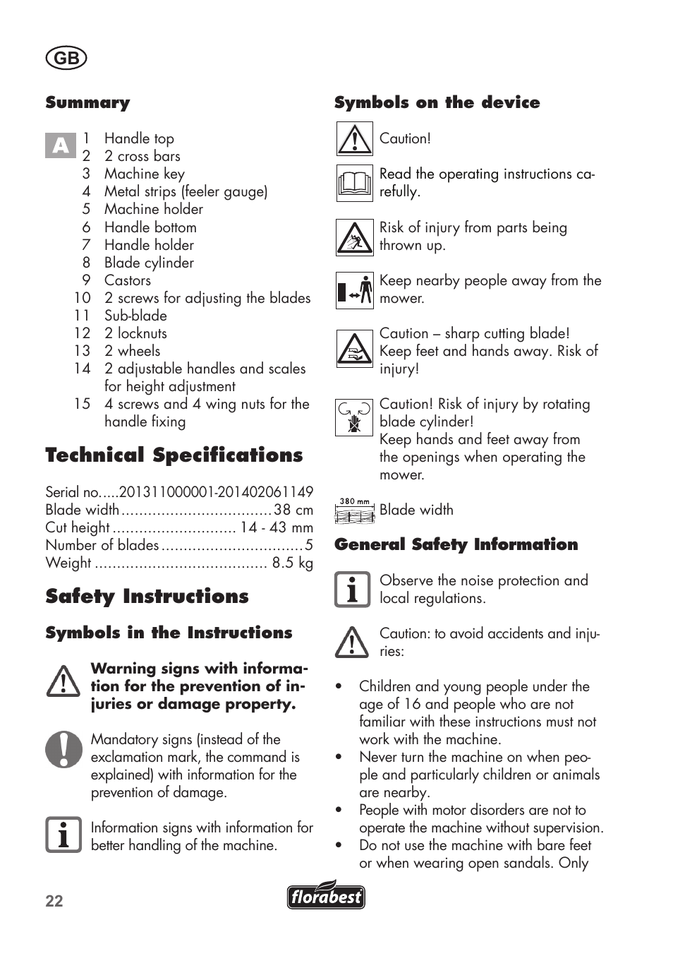 Technical specifications, Safety instructions | Florabest FHM 38 A1 User Manual | Page 22 / 30