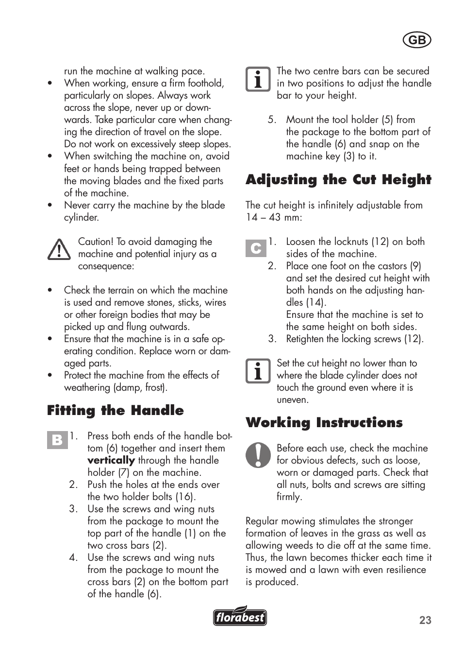 Fitting the handle, Adjusting the cut height, Working instructions | Florabest FHM 38 A1 User Manual | Page 23 / 30