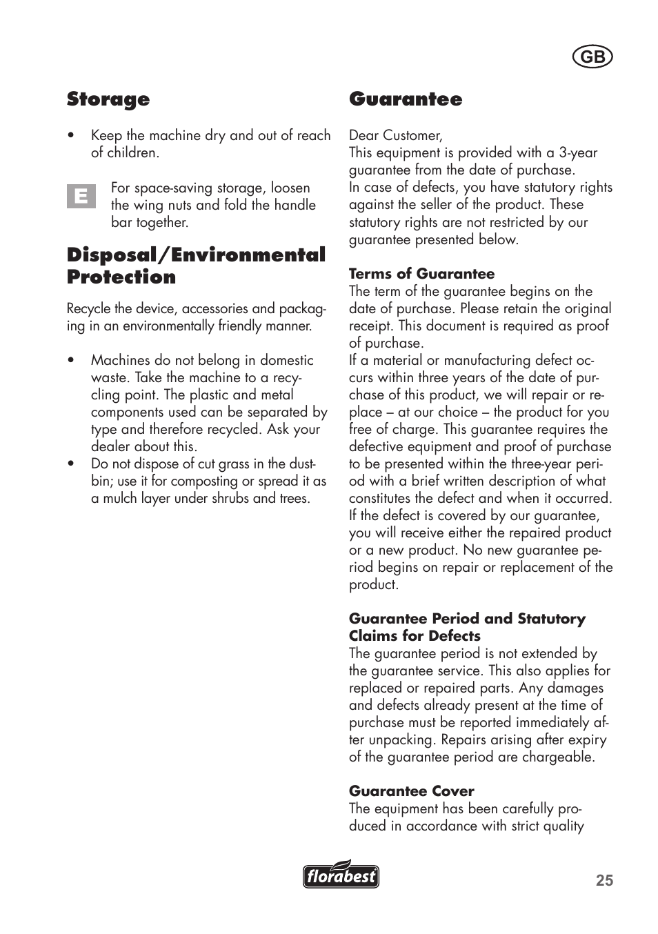 Storage, Disposal/environmental protection, Guarantee | Florabest FHM 38 A1 User Manual | Page 25 / 30