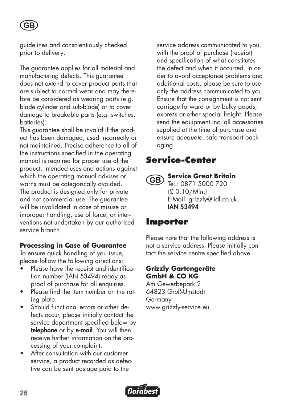 Service-center, Importer | Florabest FHM 38 A1 User Manual | Page 26 / 30