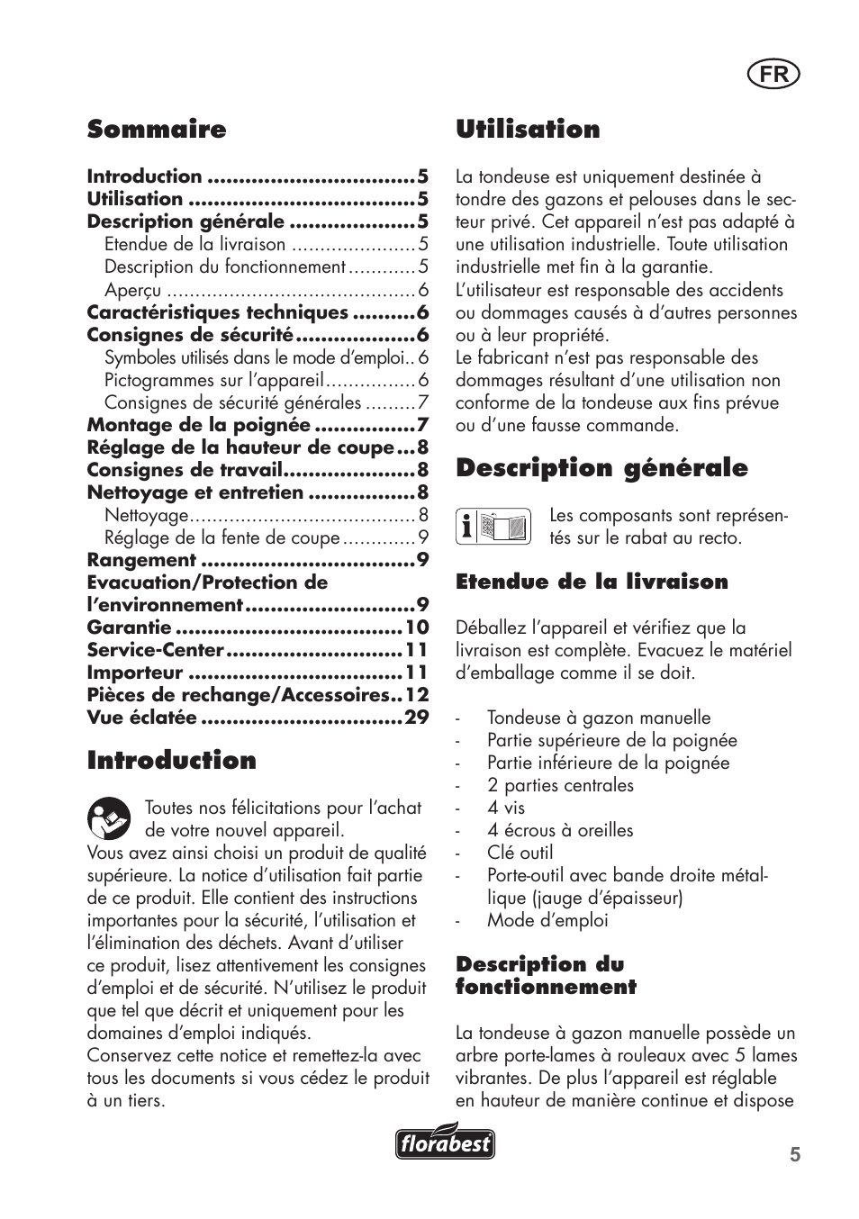 Utilisation, Description générale, Sommaire | Introduction | Florabest FHM 38 A1 User Manual | Page 5 / 30