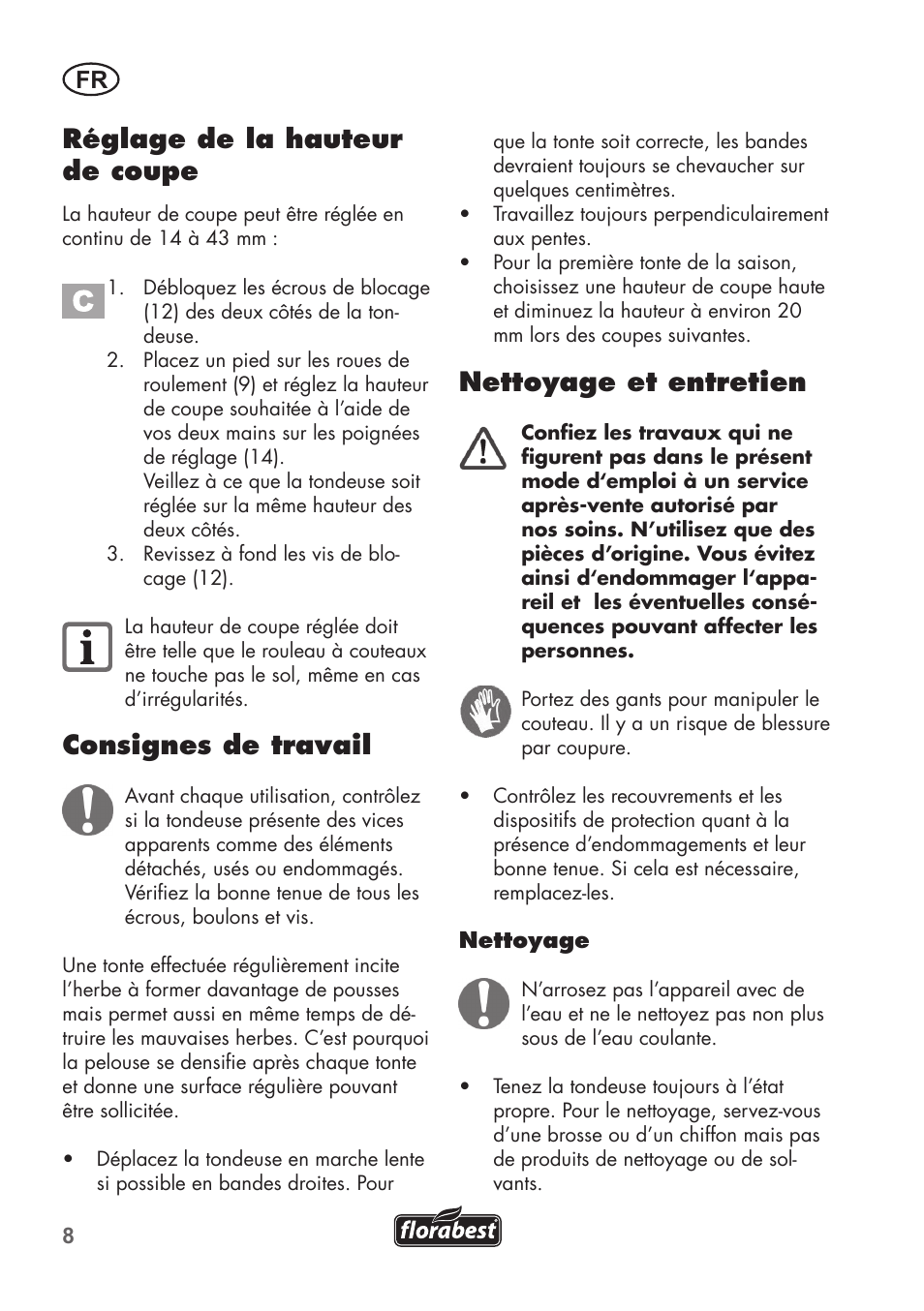 Réglage de la hauteur de coupe, Consignes de travail, Nettoyage et entretien | Florabest FHM 38 A1 User Manual | Page 8 / 30