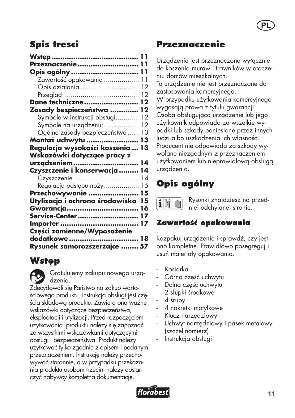 Przeznaczenie, Opis ogólny, Spis tresci | Wstęp | Florabest FHM 38 A1 User Manual | Page 11 / 58
