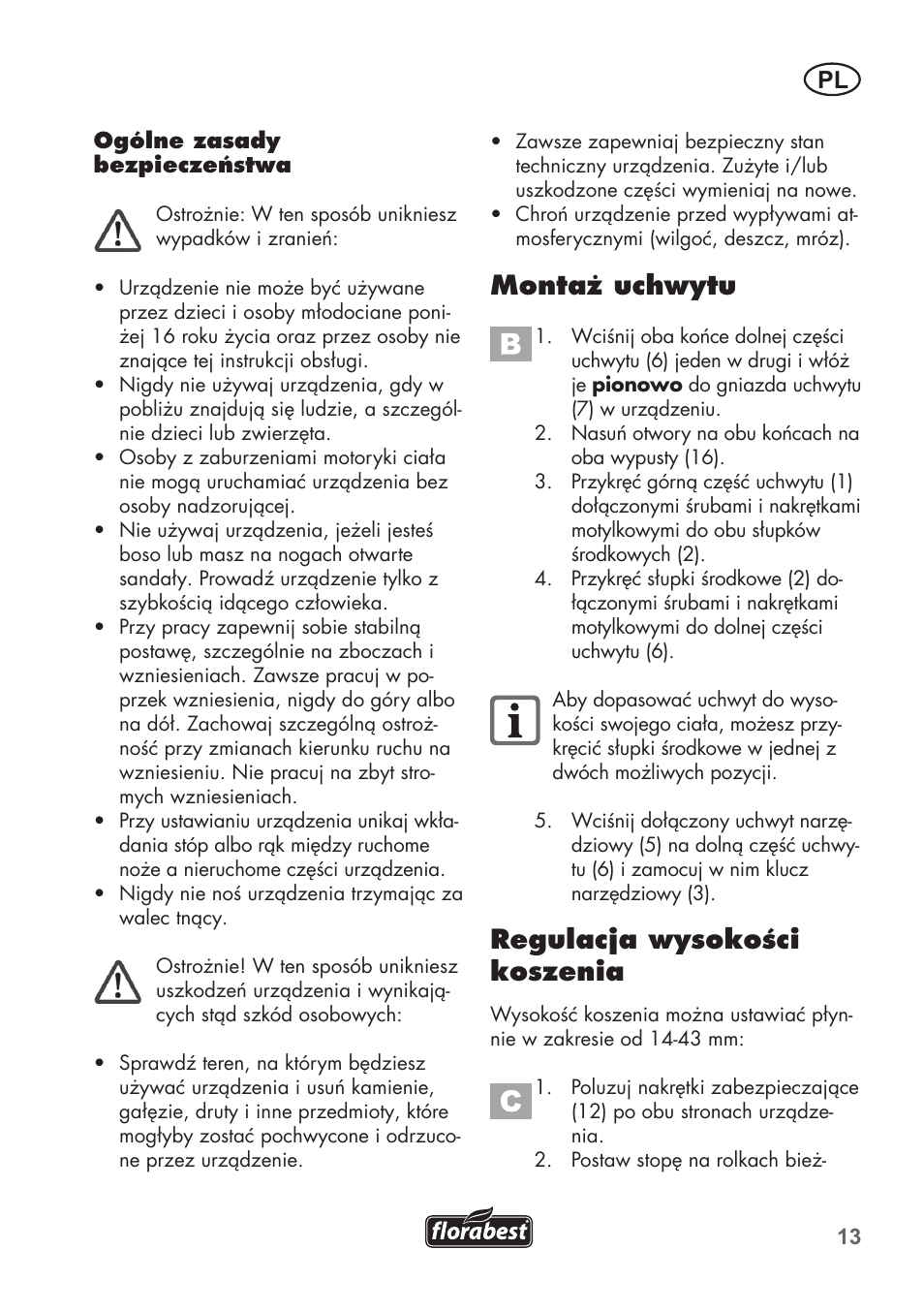 Montaż uchwytu, Regulacja wysokości koszenia | Florabest FHM 38 A1 User Manual | Page 13 / 58