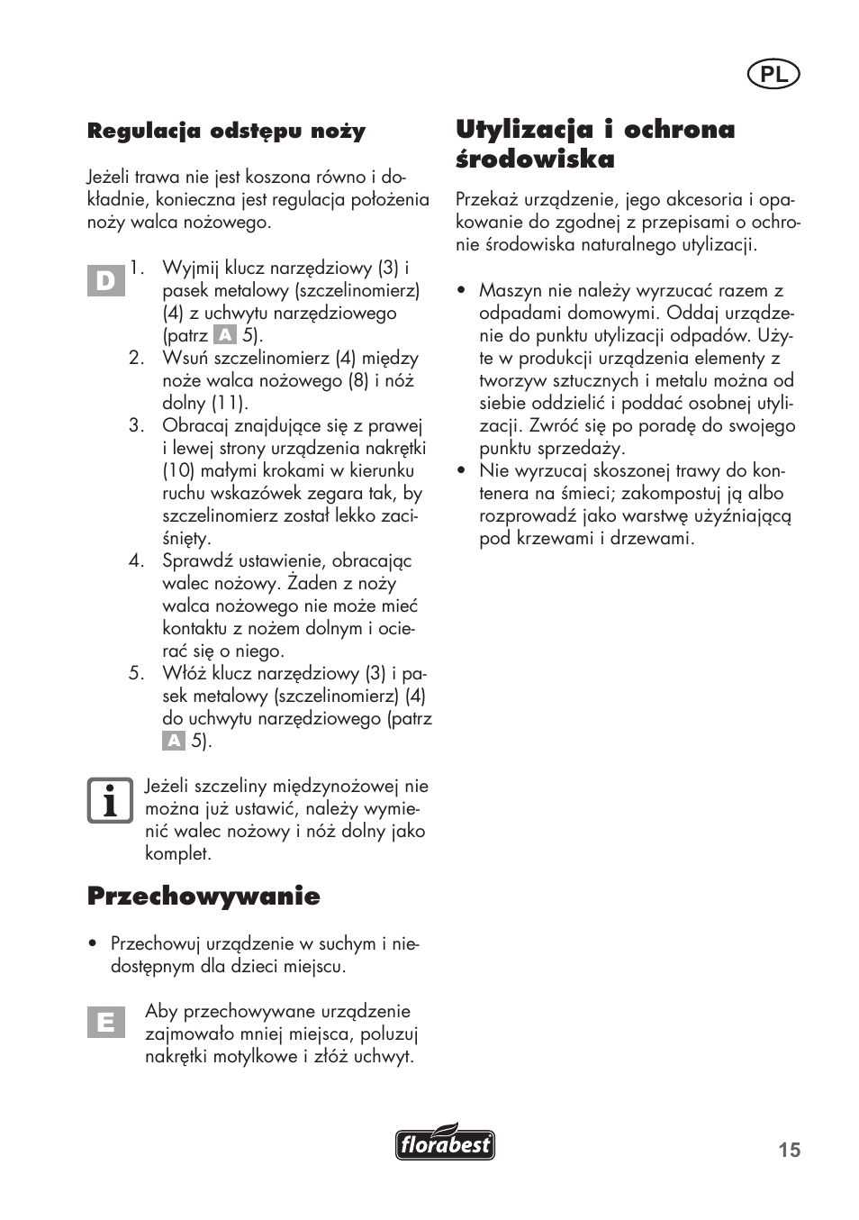 Przechowywanie, Utylizacja i ochrona środowiska | Florabest FHM 38 A1 User Manual | Page 15 / 58