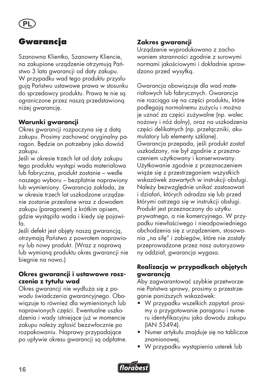 Gwarancja | Florabest FHM 38 A1 User Manual | Page 16 / 58