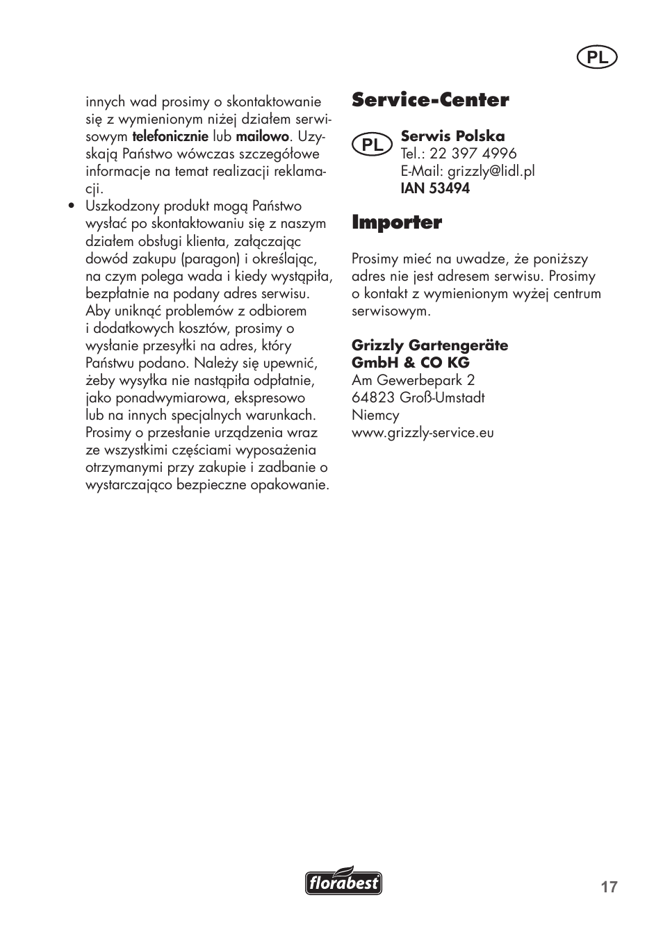 Service-center, Importer | Florabest FHM 38 A1 User Manual | Page 17 / 58