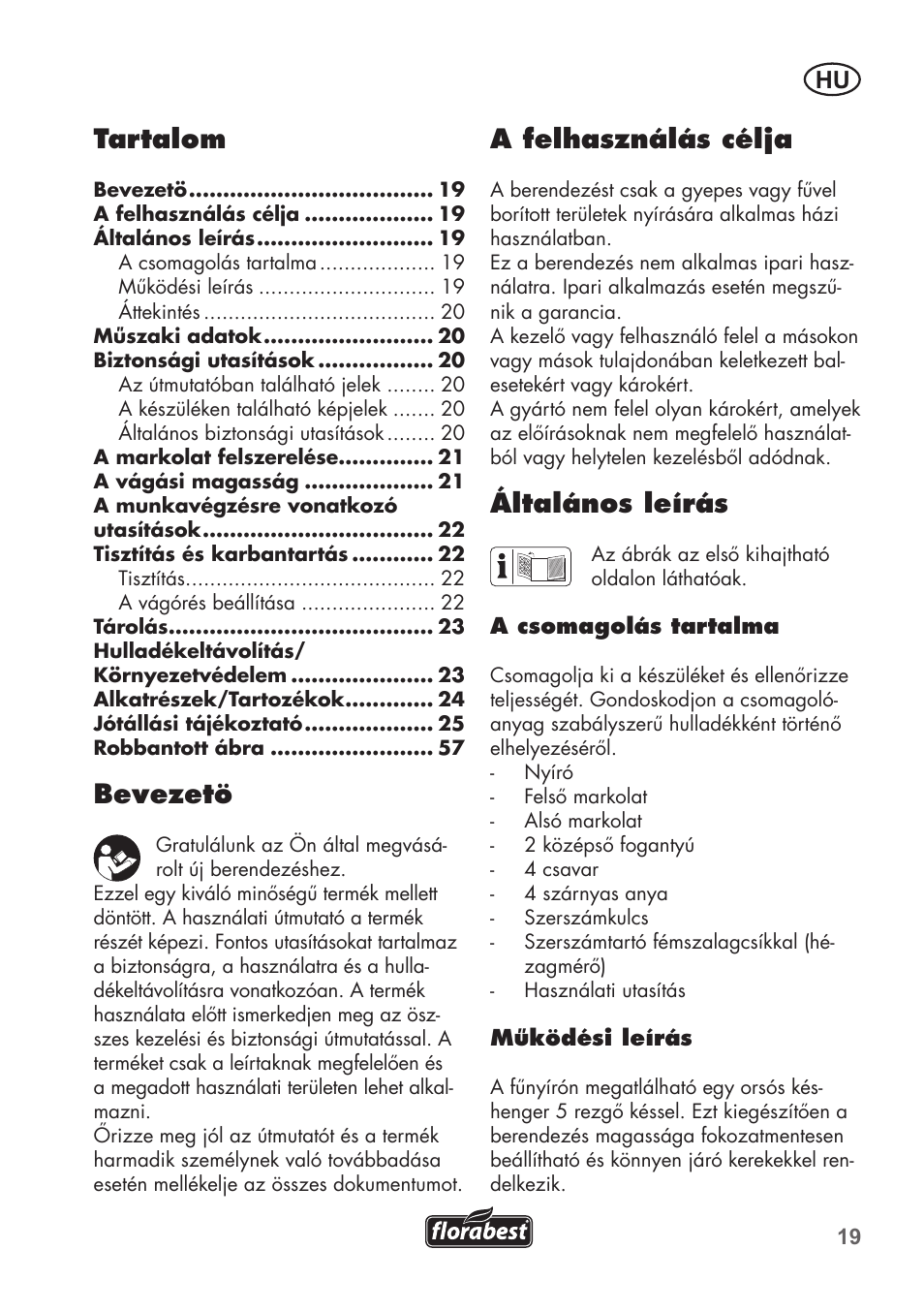 A felhasználás célja, Általános leírás, Tartalom | Bevezetö | Florabest FHM 38 A1 User Manual | Page 19 / 58
