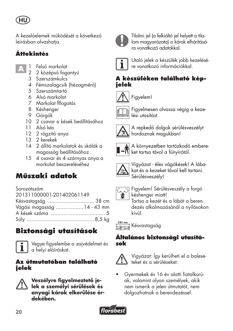 Műszaki adatok, Biztonsági utasítások | Florabest FHM 38 A1 User Manual | Page 20 / 58