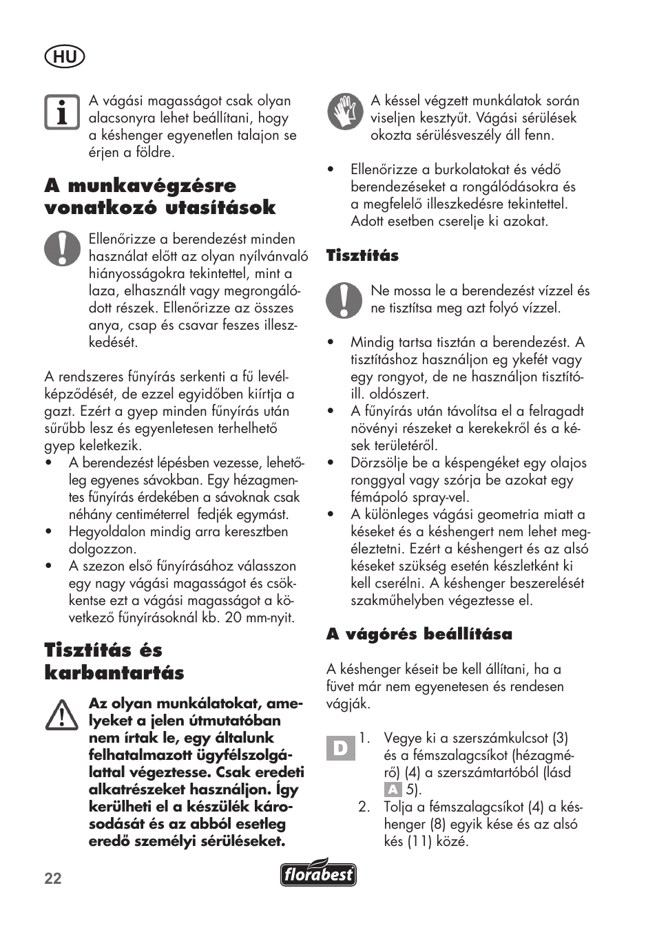 A munkavégzésre vonatkozó utasítások, Tisztítás és karbantartás | Florabest FHM 38 A1 User Manual | Page 22 / 58