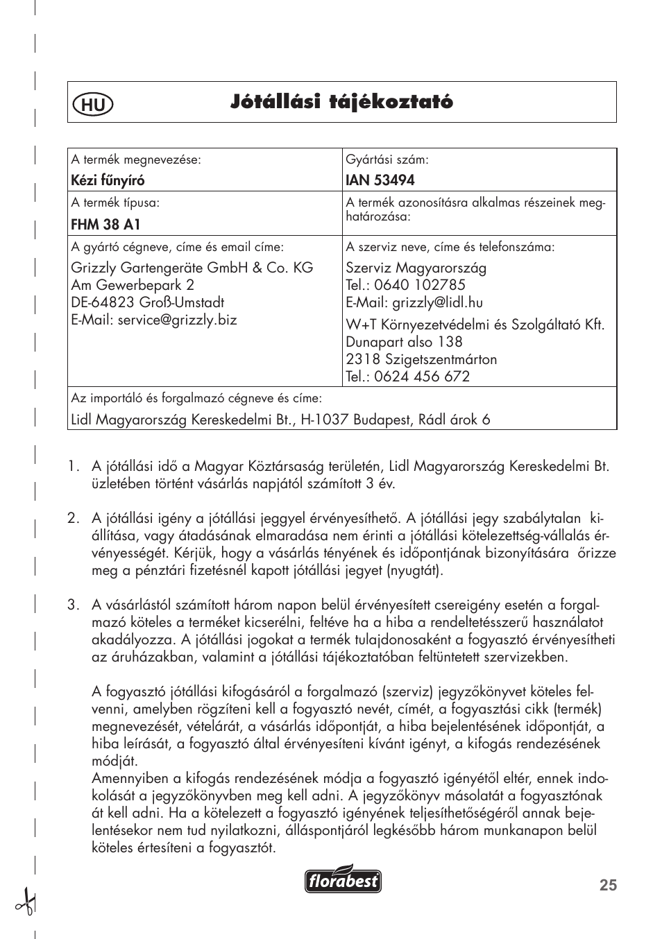 Jótállási tájékoztató | Florabest FHM 38 A1 User Manual | Page 25 / 58