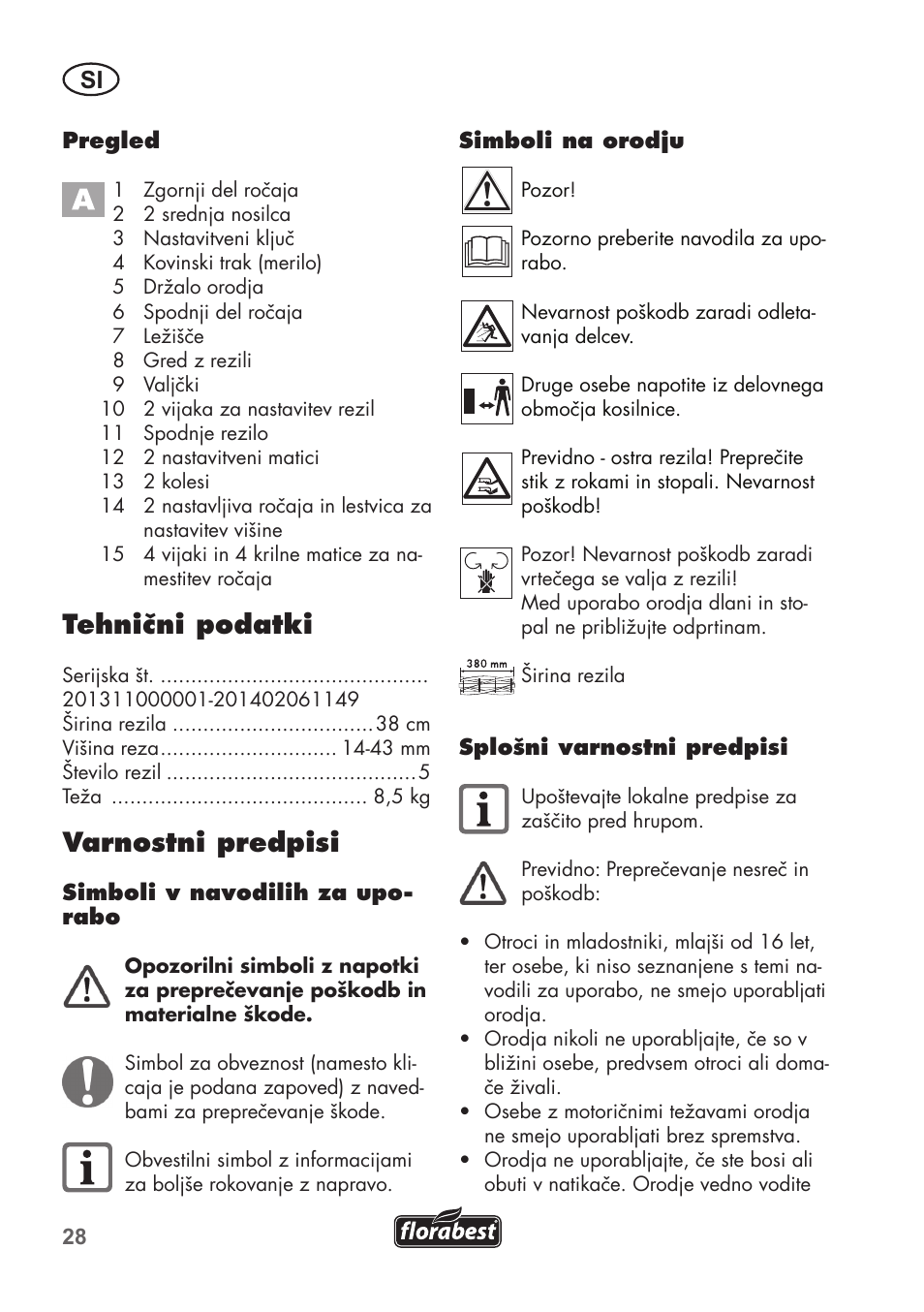 Tehnični podatki, Varnostni predpisi | Florabest FHM 38 A1 User Manual | Page 28 / 58
