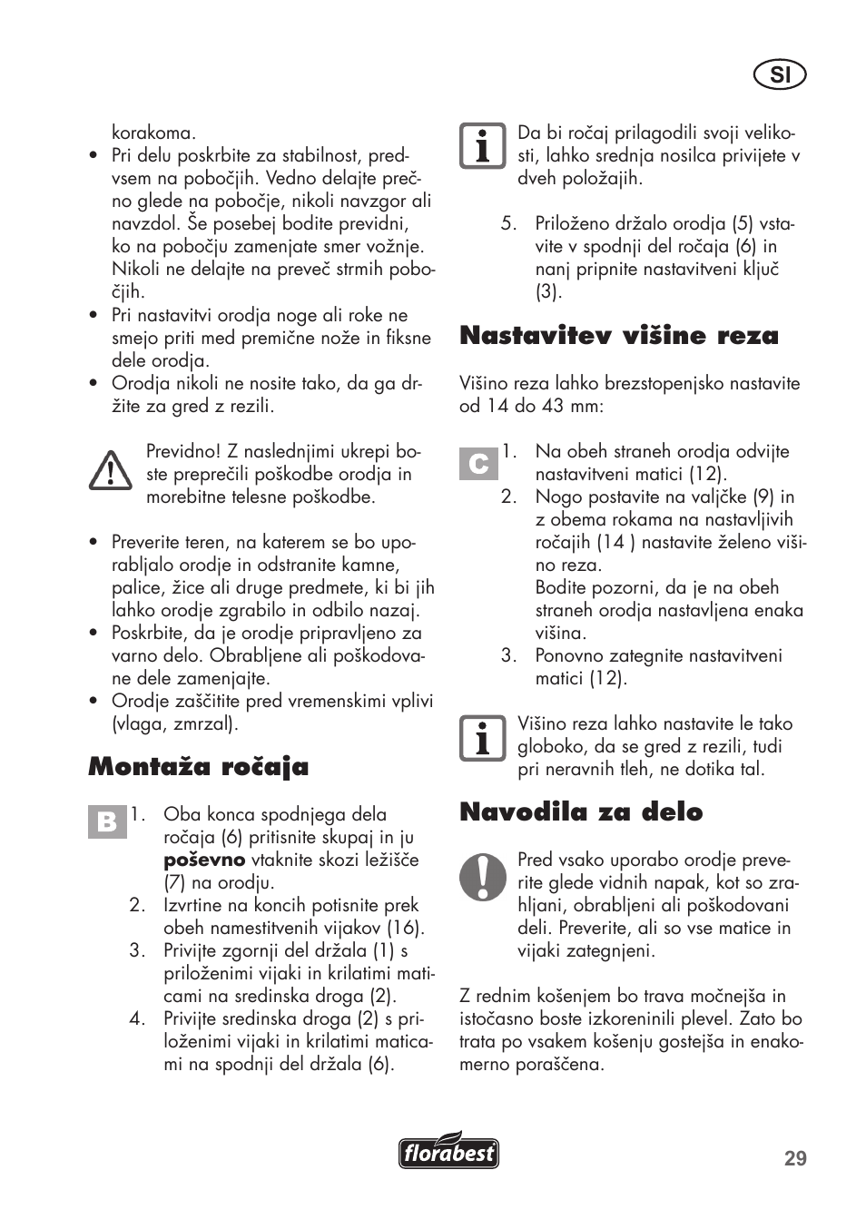 Montaža ročaja, Nastavitev višine reza, Navodila za delo | Florabest FHM 38 A1 User Manual | Page 29 / 58