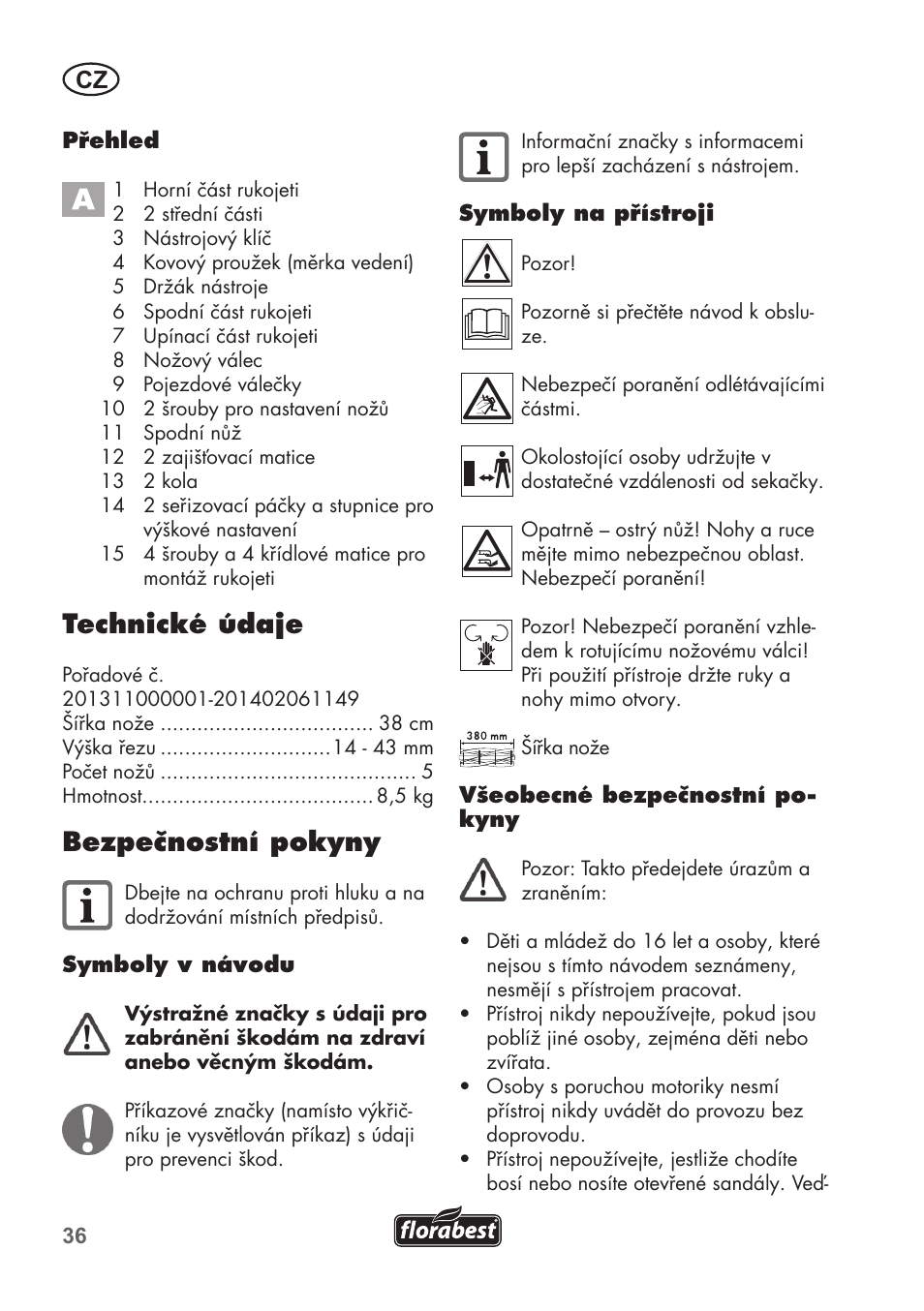 Technické údaje, Bezpečnostní pokyny | Florabest FHM 38 A1 User Manual | Page 36 / 58