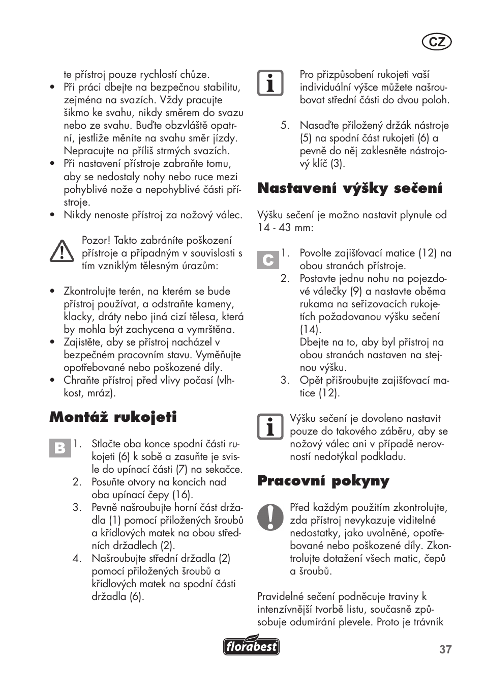 Montáž rukojeti, Nastavení výšky sečení, Pracovní pokyny | Florabest FHM 38 A1 User Manual | Page 37 / 58